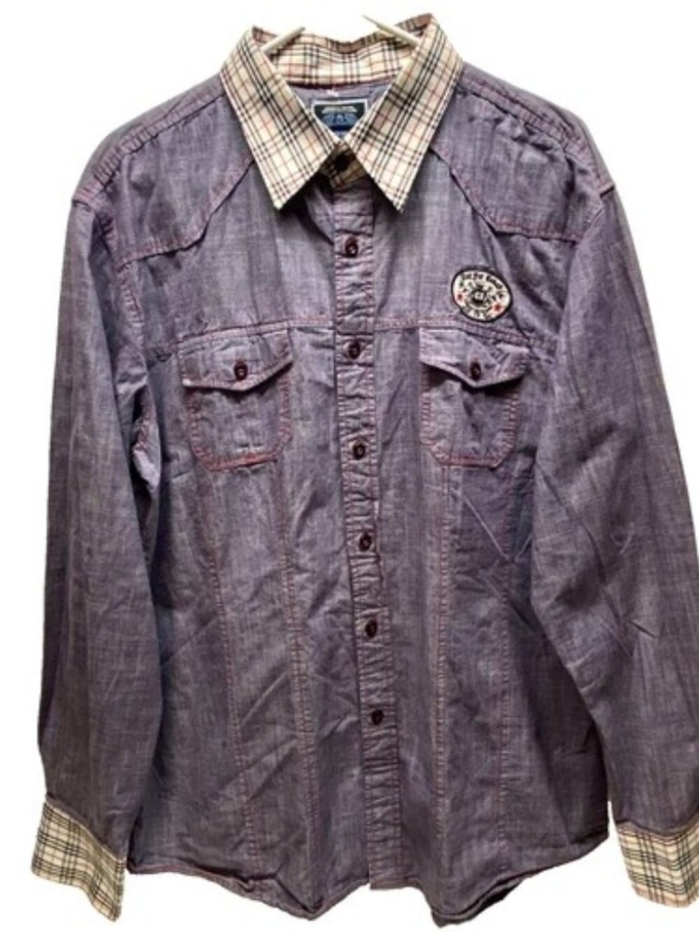 City Ink Y2K Button Down Shirt Men's XL Denim Plaid Multi Casual Long Sleeve EUC